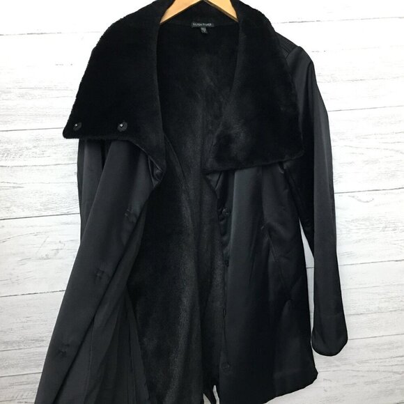 Eileen Fisher Black Coat Mid Length Snap Front Plush Collar Pockets Medium - Picture 3 of 11